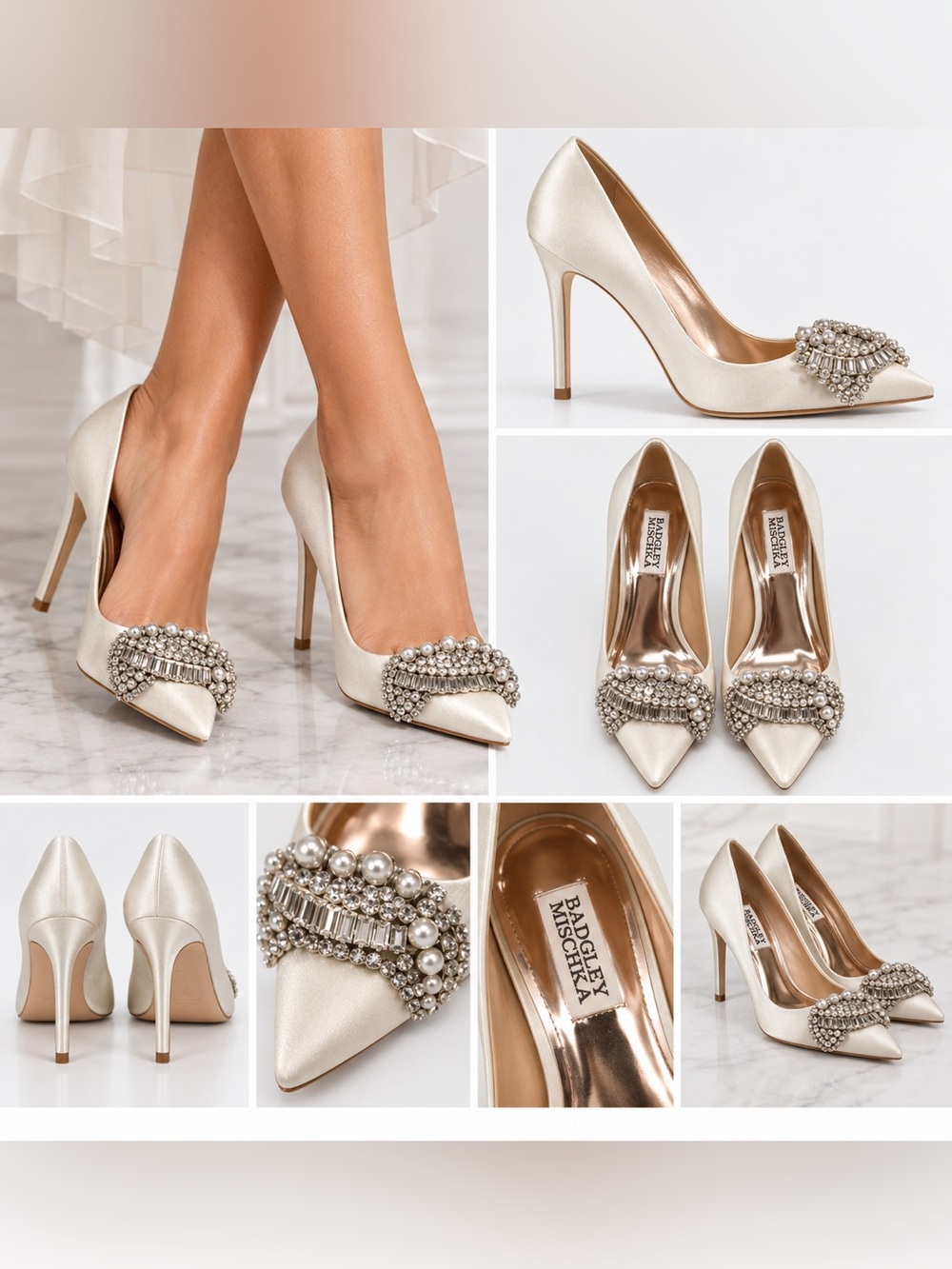 Badgley Mischka Ivory Pearl Crystal Pointed Toe Bridal Heels Size 6 New